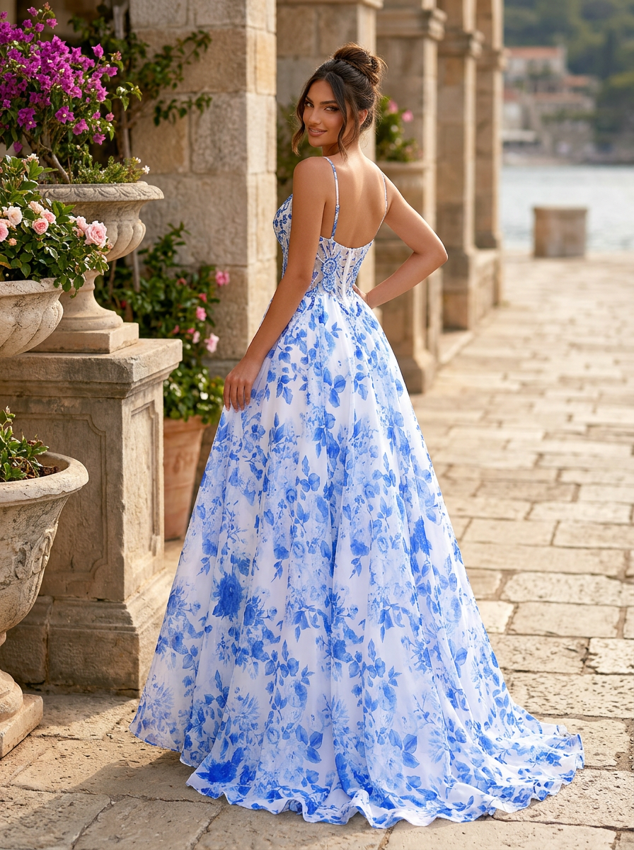 A-Line Floral Print Beaded Corset Prom Dress with Slit