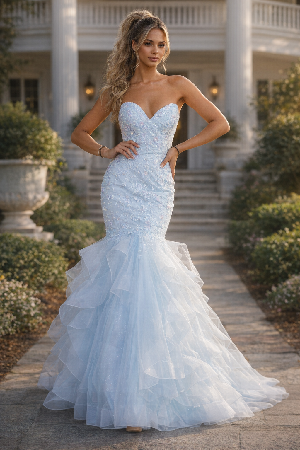 Light Blue Strapless Lace Mermaid Prom Dress with Tulle Skirt