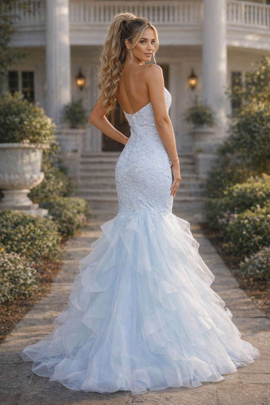 Light Blue Strapless Lace Mermaid Prom Dress with Tulle Skirt