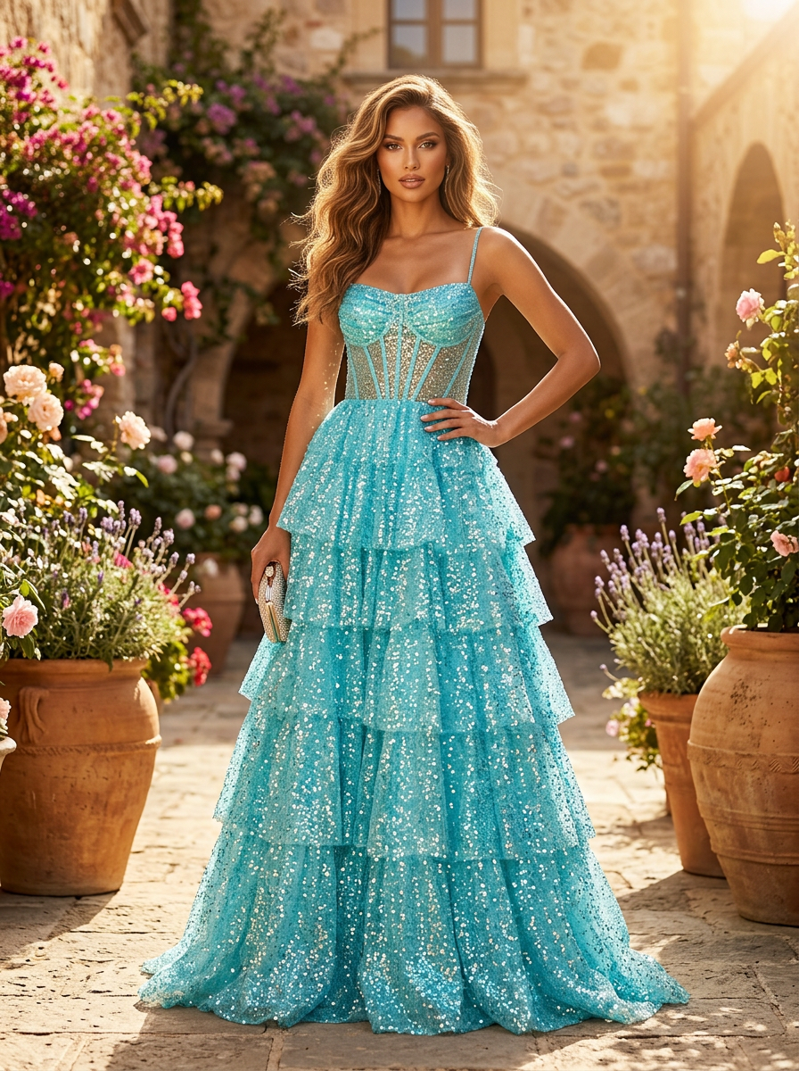 Blue Sequin Corset Prom Dress with Detachable Ruffle Skirt