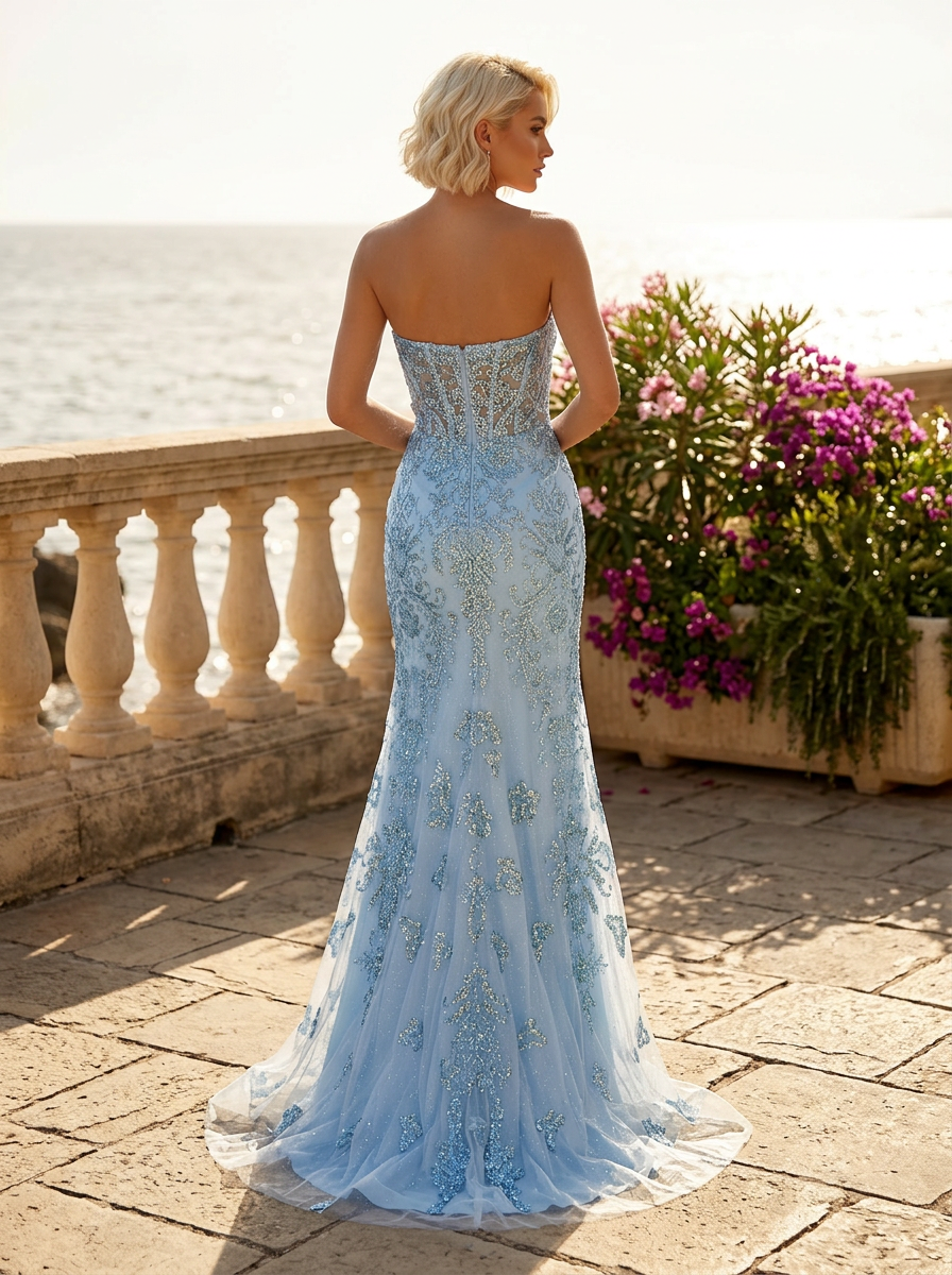 Light Blue Strapless Glitter Formal Prom Dress with Corset