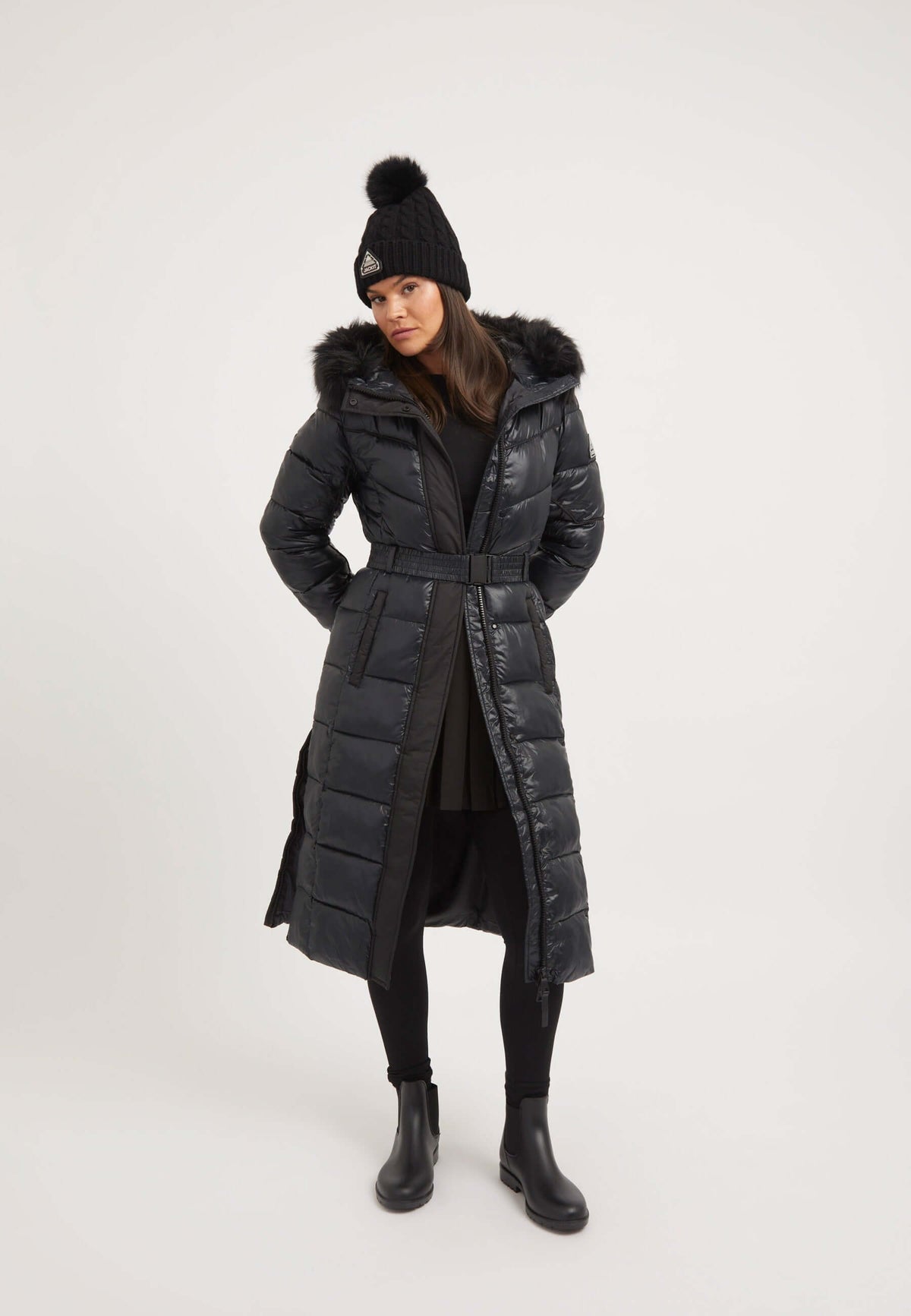 Diamond Belted Ex-long Coat Black