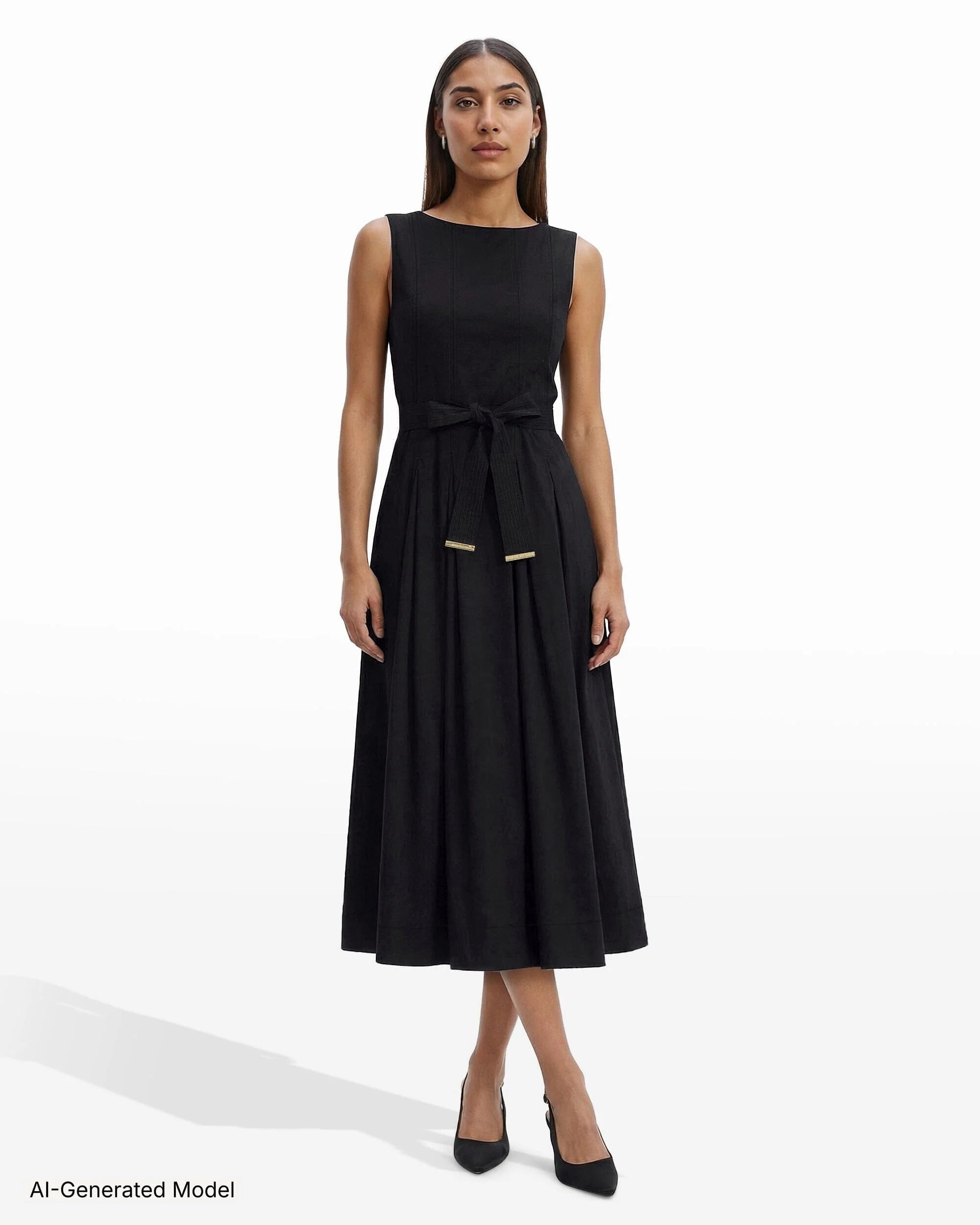 Paneled Bodice Jewel Neck Midi Length Dress